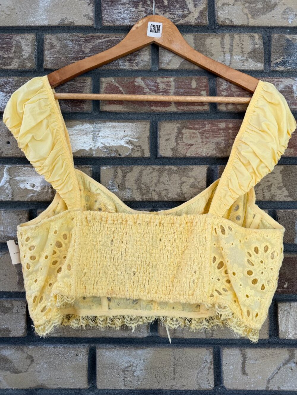 By Anthropologie Eyelet Ruffle Crop Top Bustier in Pineapple Yellow XL NWT - Picture 7 of 14
